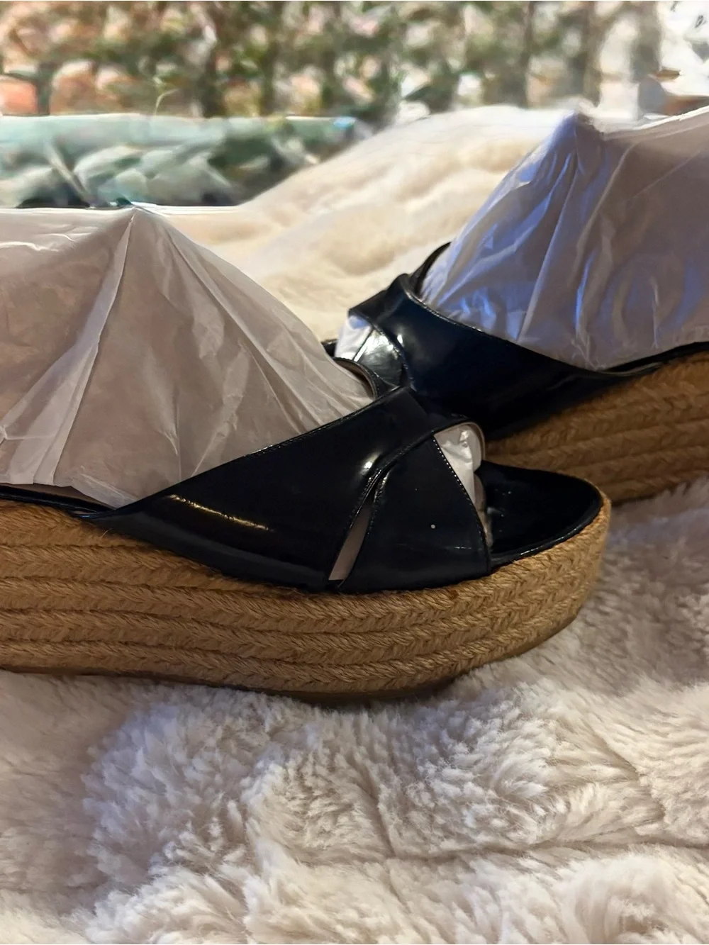 Jimmy Choo Black Patent Leather Espadrille Platform Wedge Slide Sandals EU 36